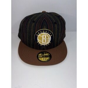 New Era Brooklyn Nets Logo Herringbone 59FIFTY Fitted Hat Cap 7 3/8 Brown NBA